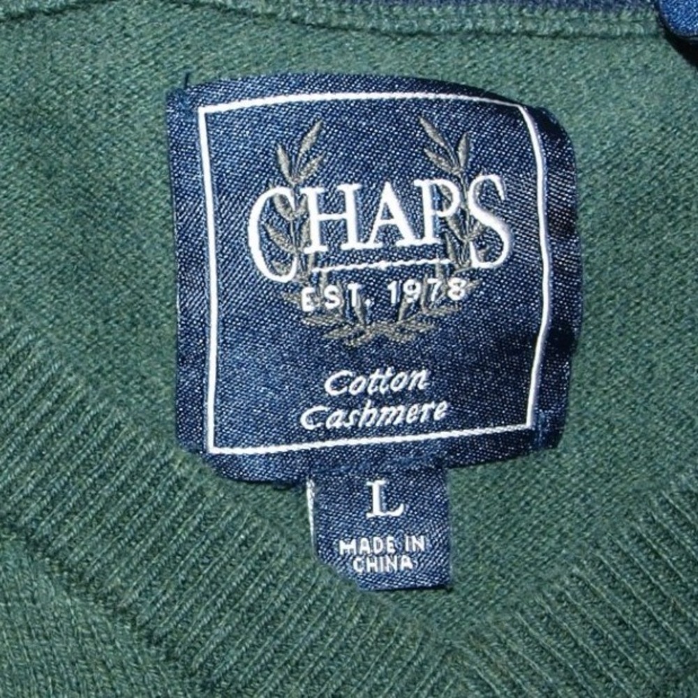 Chaps Cotton Cashmere V-Neck Sweater Mens size Large Green Knit Pullover - Picture 6 of 10
